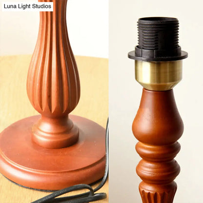 Barrel Shape Desk Lamp - Beige/Tan/Dark Blue - Traditional Fabric - Bedroom Reading Light with Wood Base