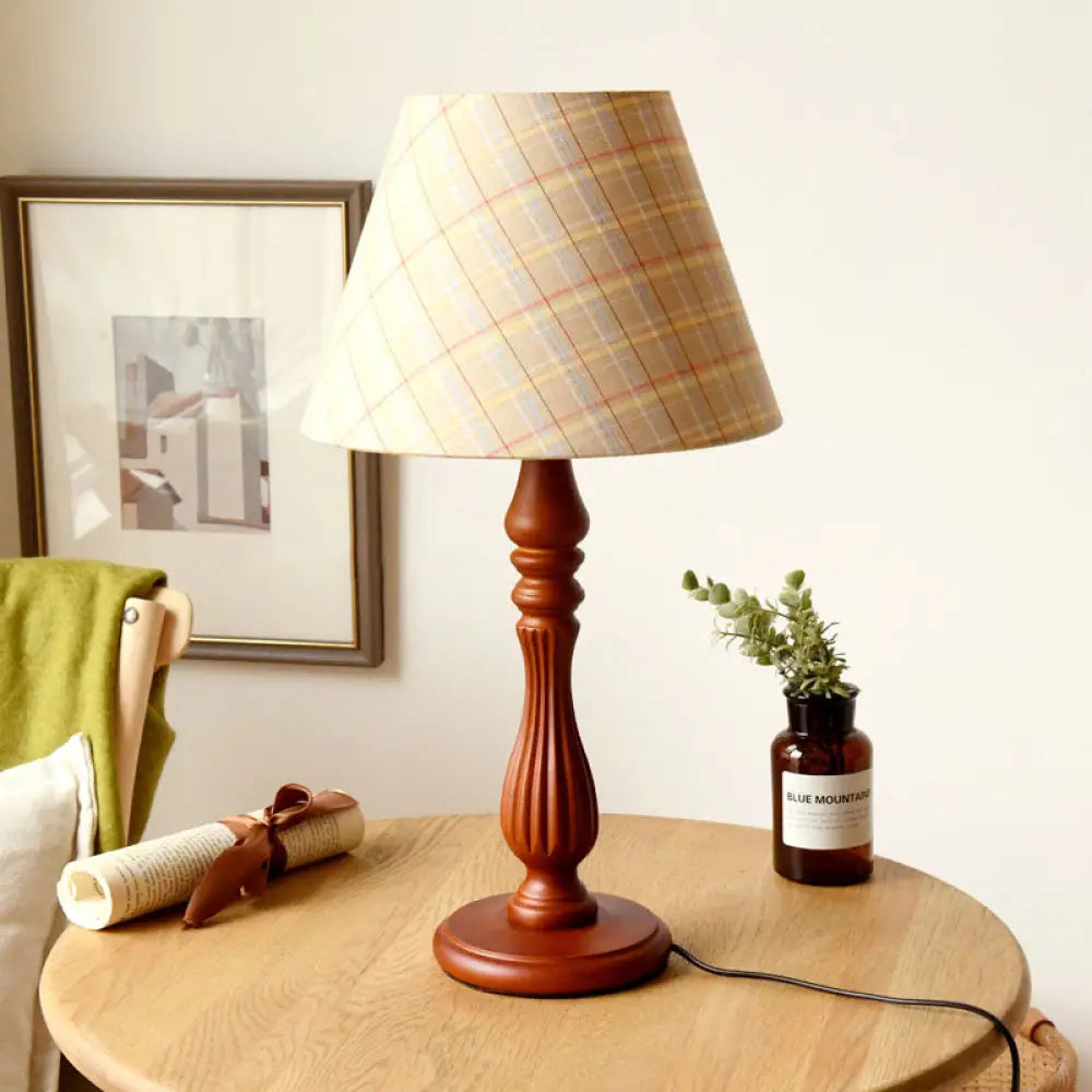 Barrel Shape Desk Lamp - Beige/Tan/Dark Blue - Traditional Fabric - Bedroom Reading Light with Wood Base