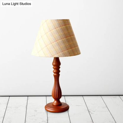 Barrel Shape Desk Lamp - Beige/Tan/Dark Blue - Traditional Fabric - Bedroom Reading Light with Wood Base