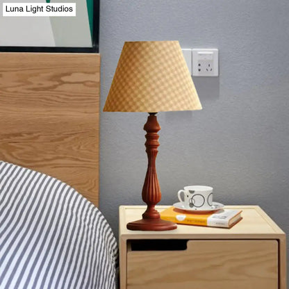 Barrel Shape Desk Lamp - Beige/Tan/Dark Blue - Traditional Fabric - Bedroom Reading Light with Wood Base