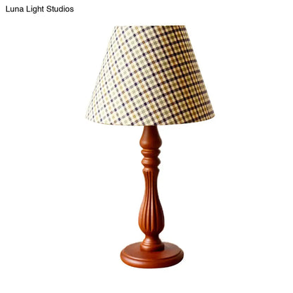 Barrel Shape Desk Lamp - Beige/Tan/Dark Blue - Traditional Fabric - Bedroom Reading Light with Wood Base