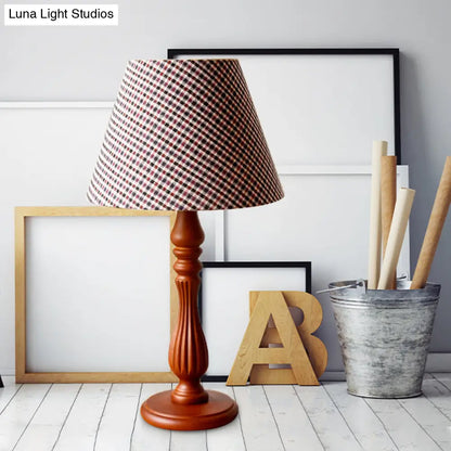 Barrel Shape Desk Lamp - Beige/Tan/Dark Blue - Traditional Fabric - Bedroom Reading Light with Wood Base