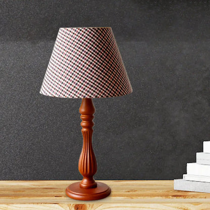 Barrel Shape Desk Lamp - Beige/Tan/Dark Blue - Traditional Fabric - Bedroom Reading Light with Wood Base