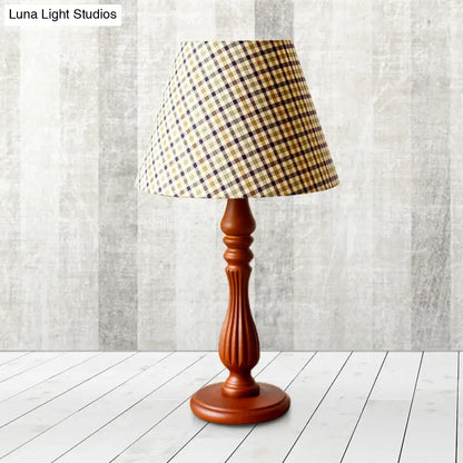 Barrel Shape Desk Lamp - Beige/Tan/Dark Blue - Traditional Fabric - Bedroom Reading Light with Wood Base