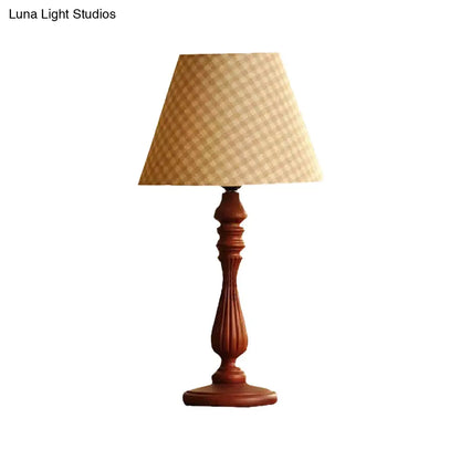 Barrel Shape Desk Lamp - Beige/Tan/Dark Blue - Traditional Fabric - Bedroom Reading Light with Wood Base