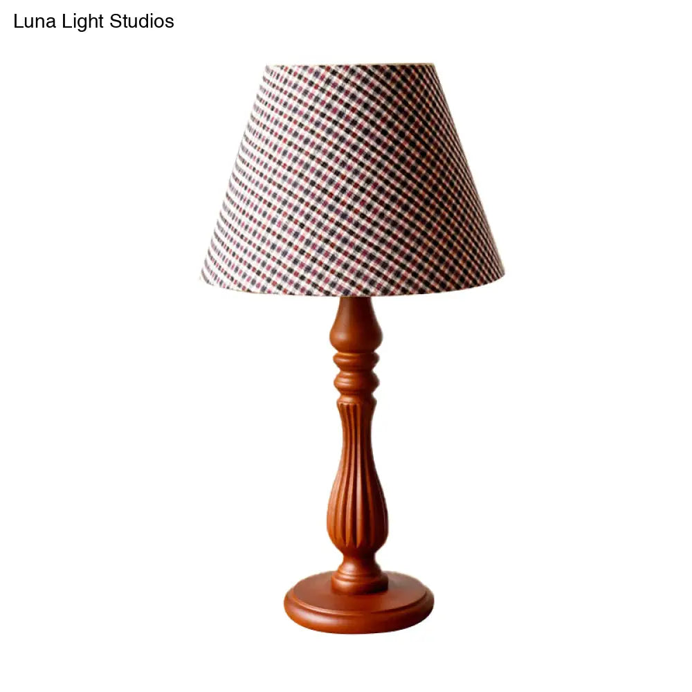 Barrel Shape Desk Lamp - Beige/Tan/Dark Blue - Traditional Fabric - Bedroom Reading Light with Wood Base