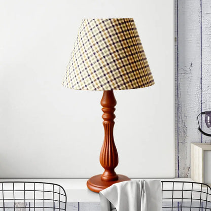 Barrel Shape Desk Lamp - Beige/Tan/Dark Blue - Traditional Fabric - Bedroom Reading Light with Wood Base