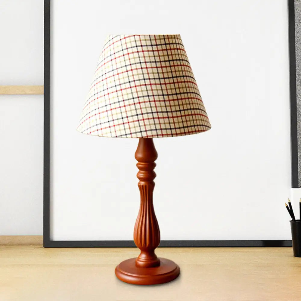 Barrel Shape Desk Lamp - Beige/Tan/Dark Blue - Traditional Fabric - Bedroom Reading Light with Wood Base