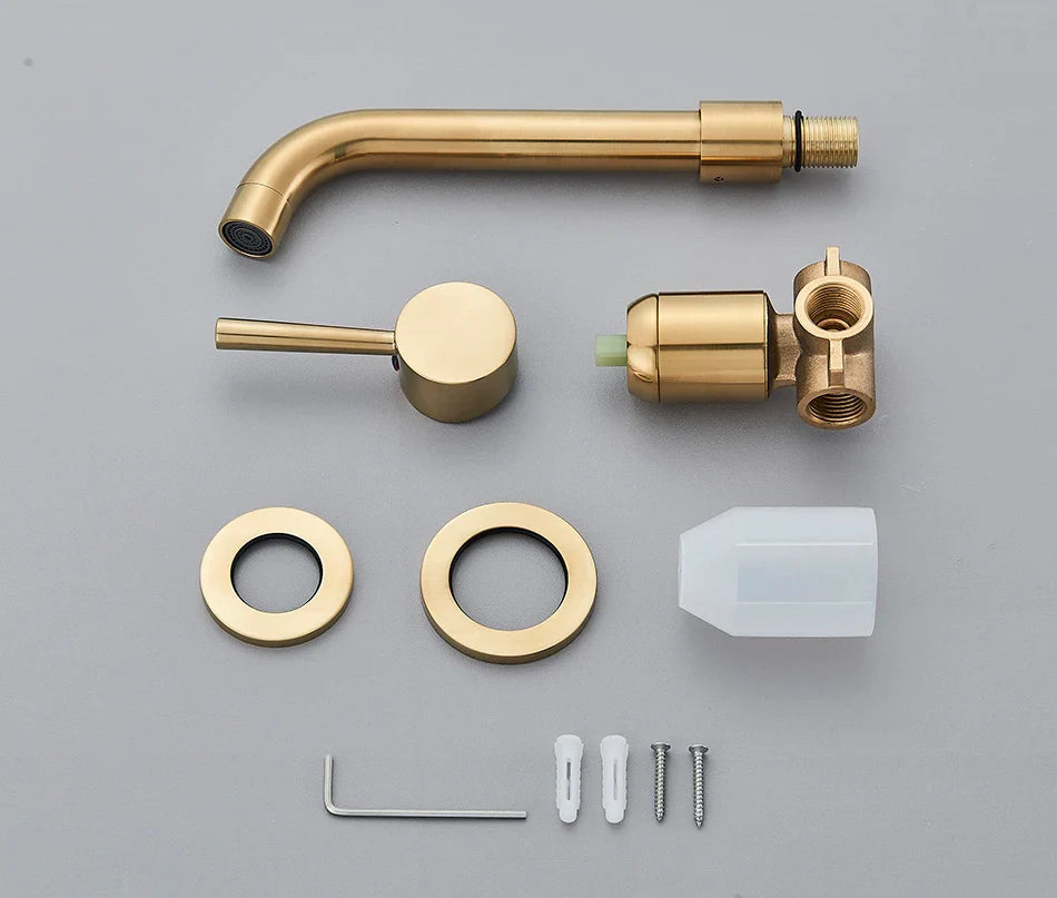 Gold finished brass basin faucet wall mounted bathroom kit with curved spout single handle and hot water control