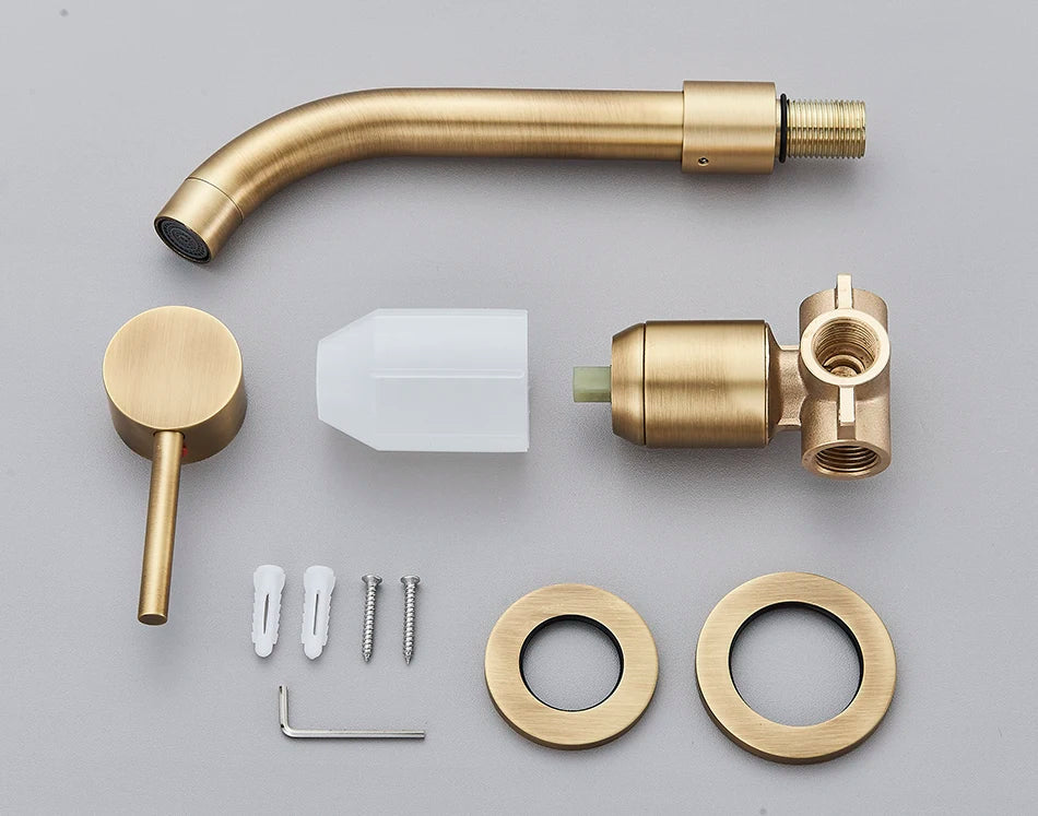 Basin faucet wall mounted bathroom kit in brushed brass finish with curved spout and hot water control handles