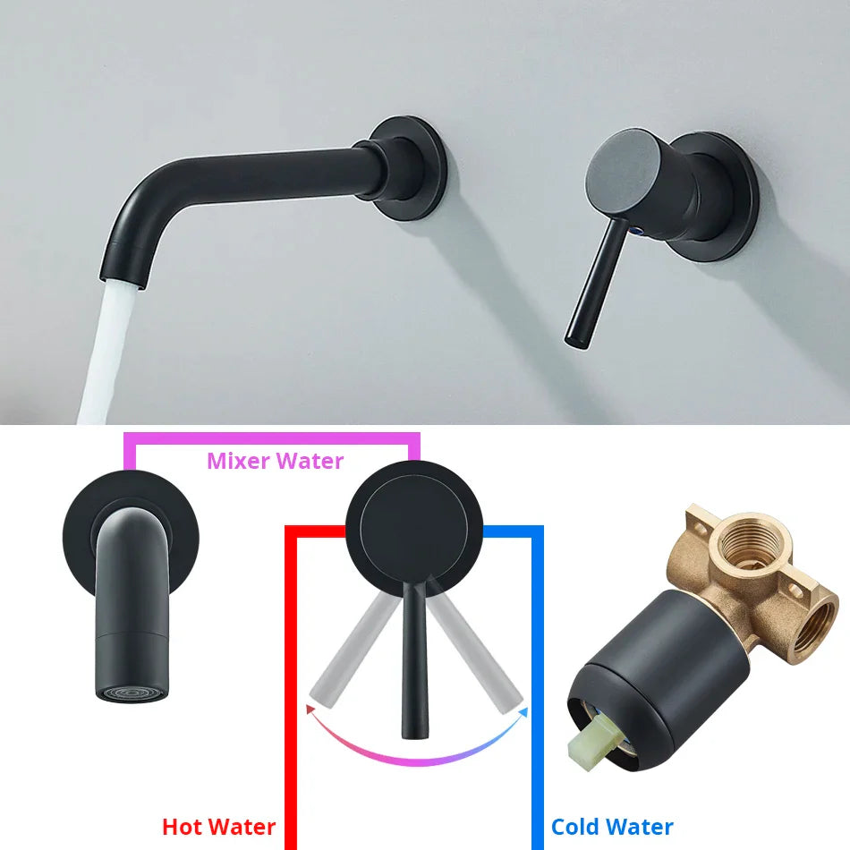 Black matte basin faucet wall mounted bathroom set with sleek design and hot water control for cold hot water use