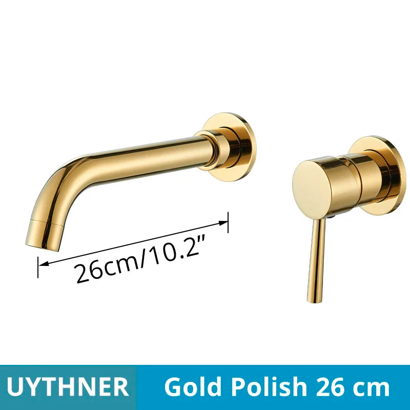 Basin faucet wall mounted bathroom set with gold polished brushed brass finish and hot water control 26 cm length