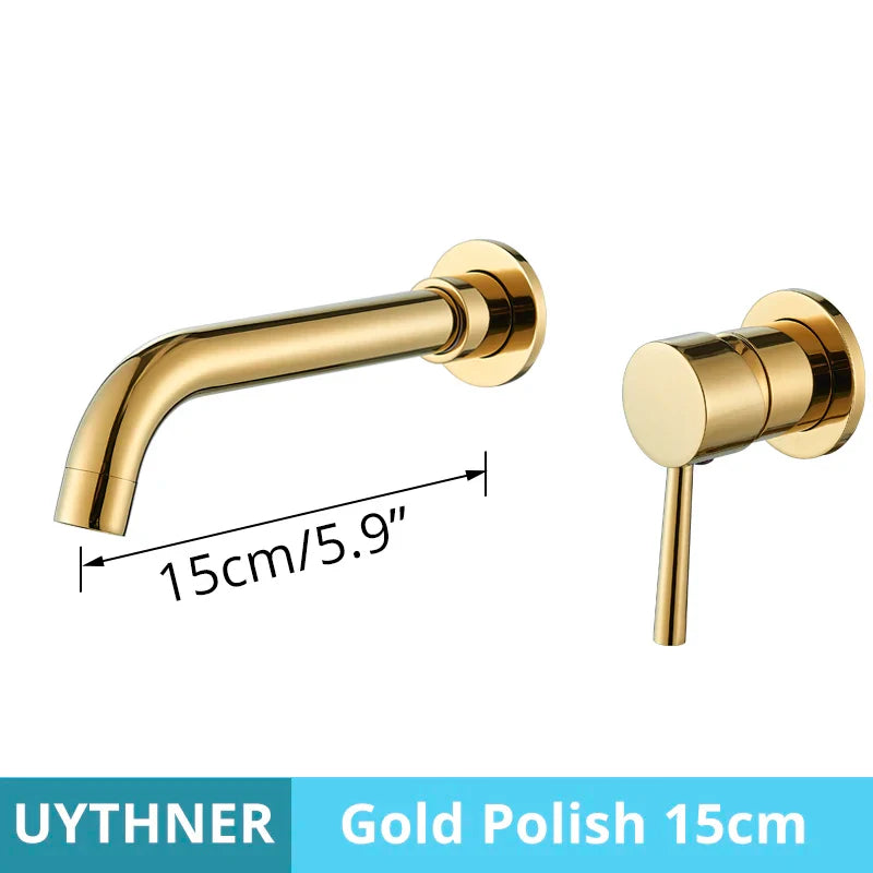 Gold-polished basin faucet wall mounted bathroom set with brushed brass finish, sleek design, and hot water control