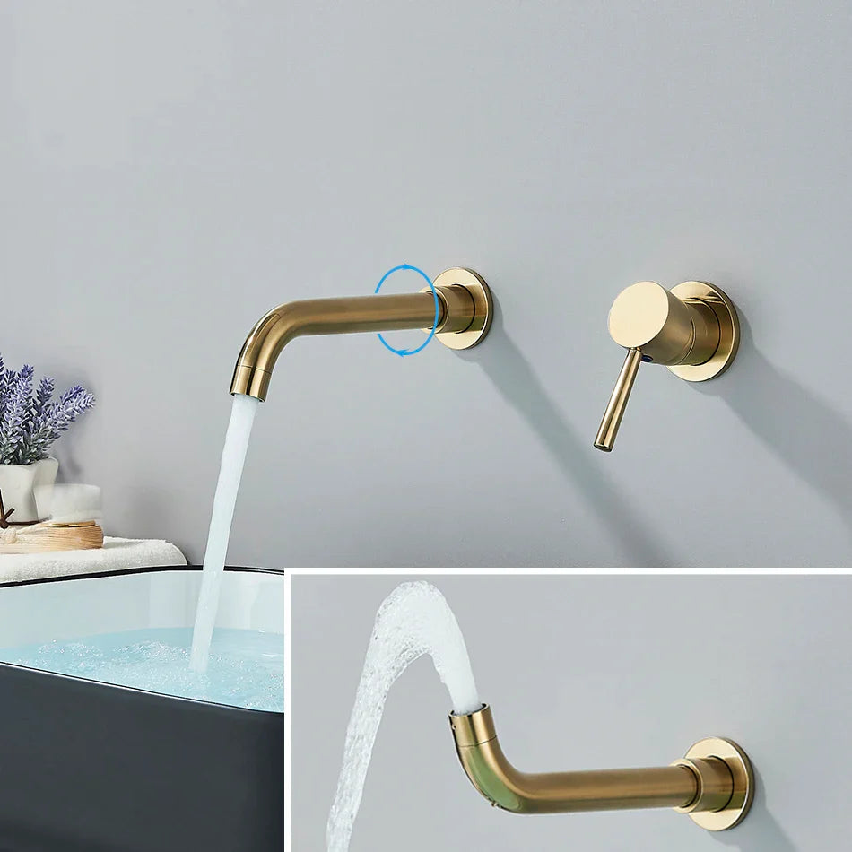 Modern gold-toned basin faucet wall mounted bathroom fixture with brushed brass finish and hot water control handle