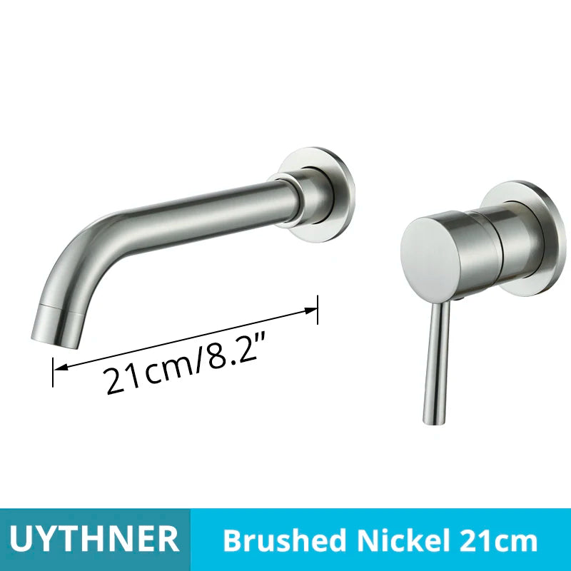 Brushed nickel basin faucet wall mounted bathroom set 21cm with hot water control and cold hot water handle