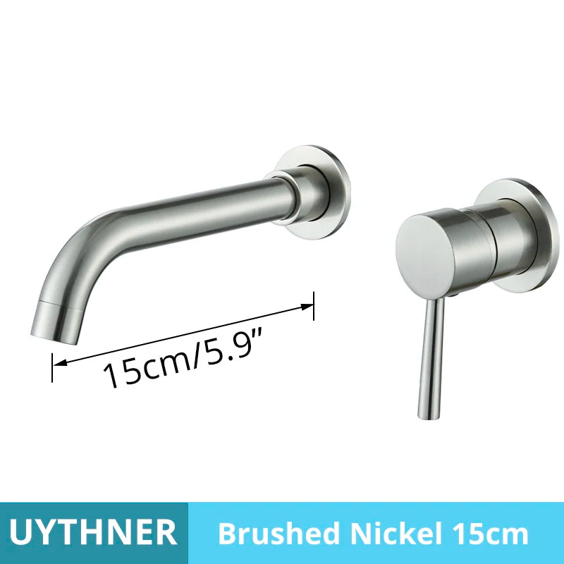Brushed nickel basin faucet wall mounted bathroom set with hot water control and cold hot water feature 15cm length