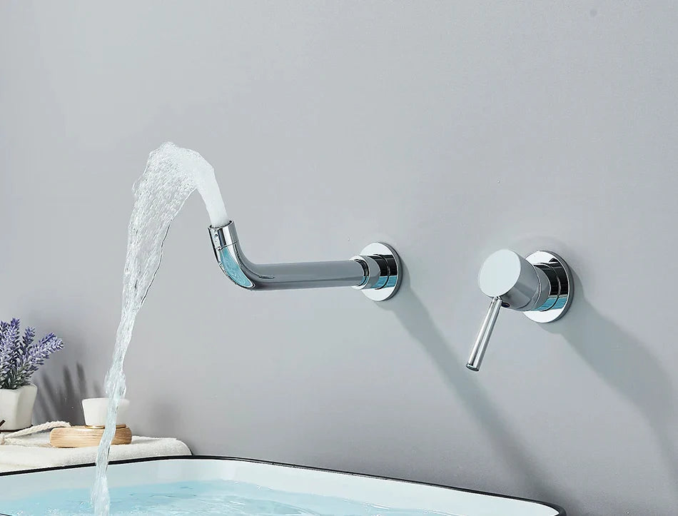 Modern chrome-finished basin faucet wall mounted with curved spout and separate handle for hot water control