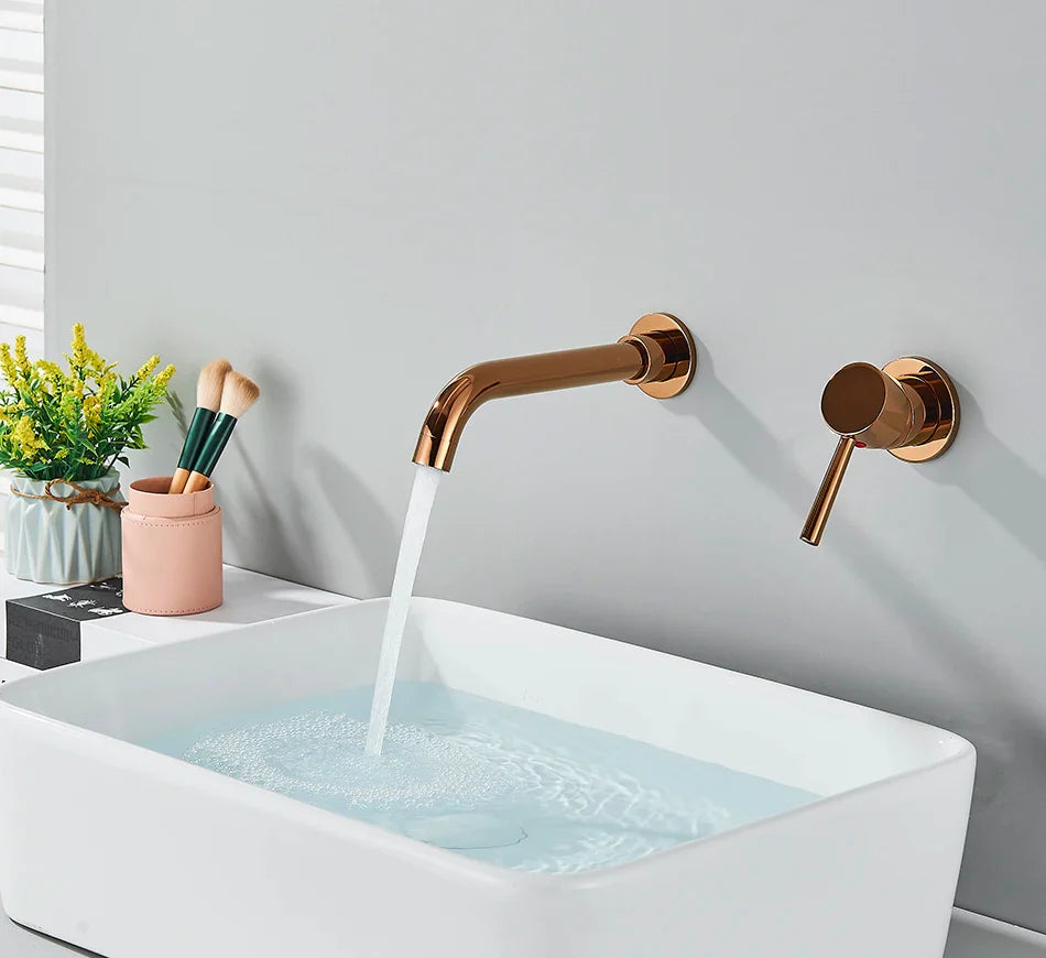 Modern copper-finished wall-mounted basin faucet with brushed brass finish and hot water control for cold hot water use