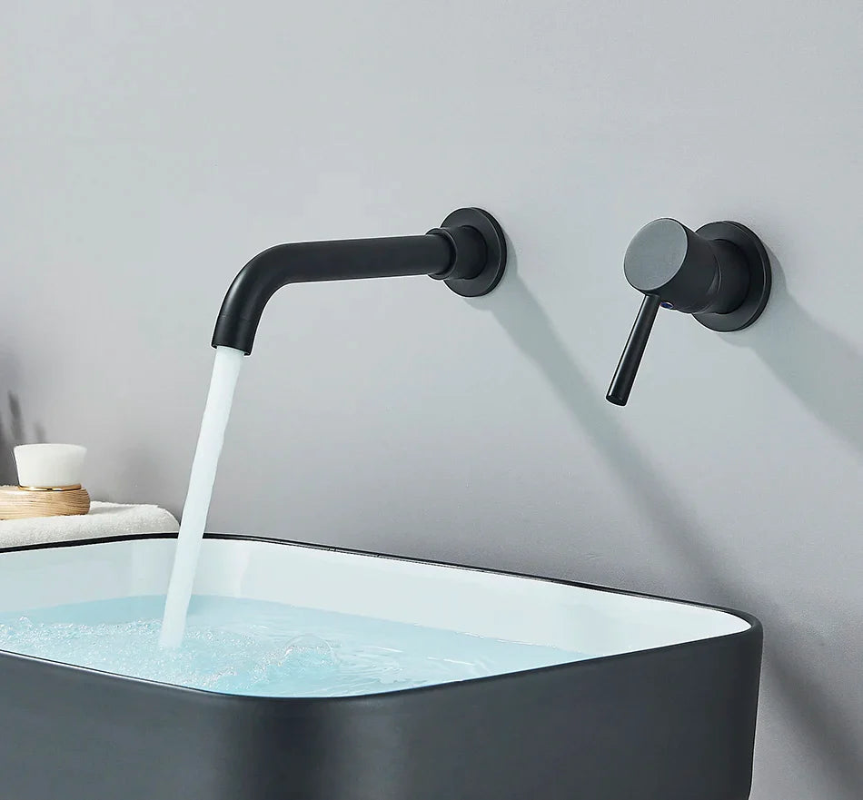 Black matte-finish basin faucet wall mounted bathroom fixture with hot water control for cold hot water use