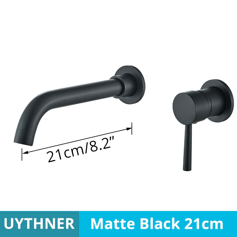 Matte black uythner basin faucet wall mounted bathroom set 21cm with hot water control and brushed brass finish details