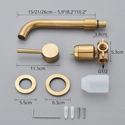 Basin faucet wall mounted bathroom set in brushed brass finish with curved spout single lever hot water control