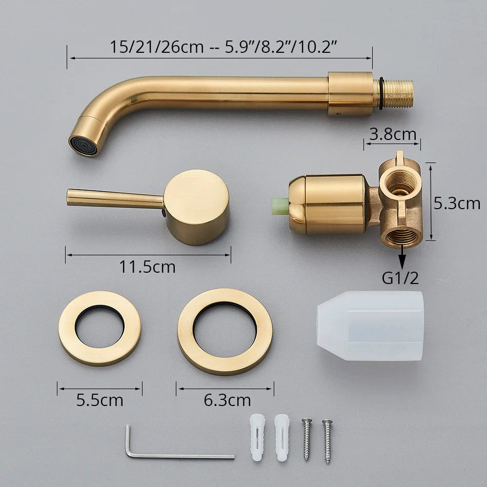 Basin faucet wall mounted bathroom set in brushed brass finish with curved spout single lever hot water control