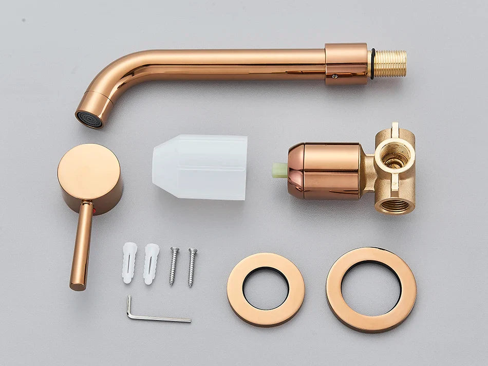 Rose gold basin faucet wall mounted bathroom kit with matching handle valve and mounting hardware for hot water control