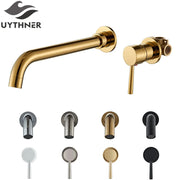 Gold-colored basin faucet wall mounted bathroom with brushed brass finish and matching hot water control valve for cold hot water