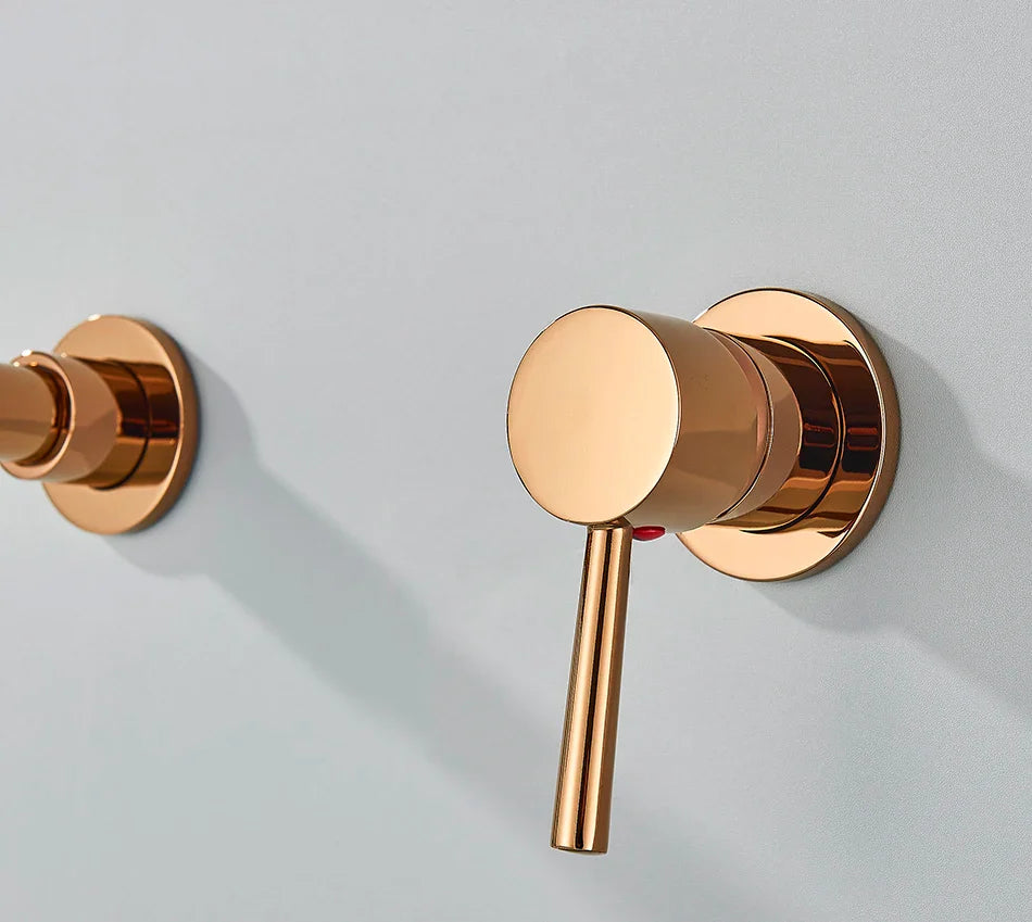 Rose gold finish basin faucet wall mounted bathroom with sleek cylindrical brushed brass finish handles for hot water control
