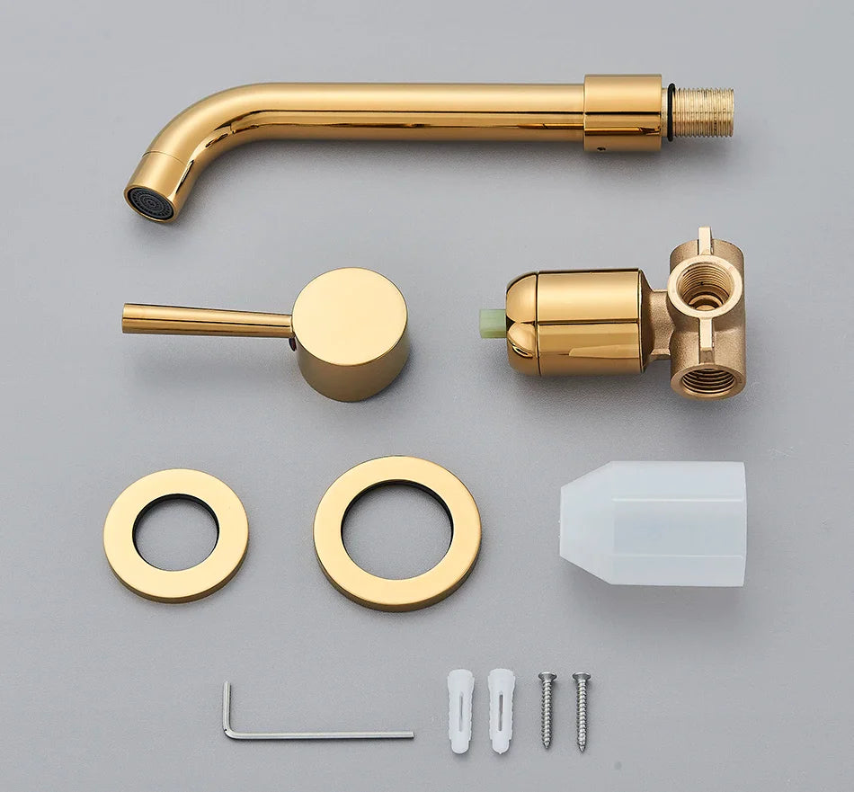 Gold-finished brass basin faucet wall mounted bathroom kit with curved spout single lever handle and hot water control