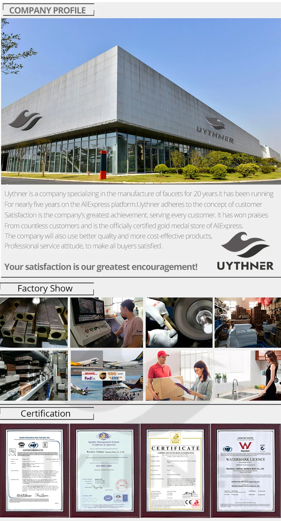 Modern gray industrial building with glass facade and uythner branding showcasing basin faucet wall mounted bathroom with hot water control