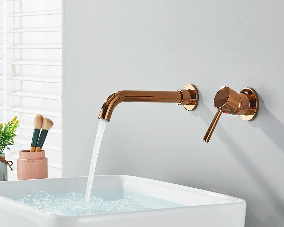 Modern rose gold basin faucet wall mounted with sleek curved spout and hot water control handle for cold hot water use