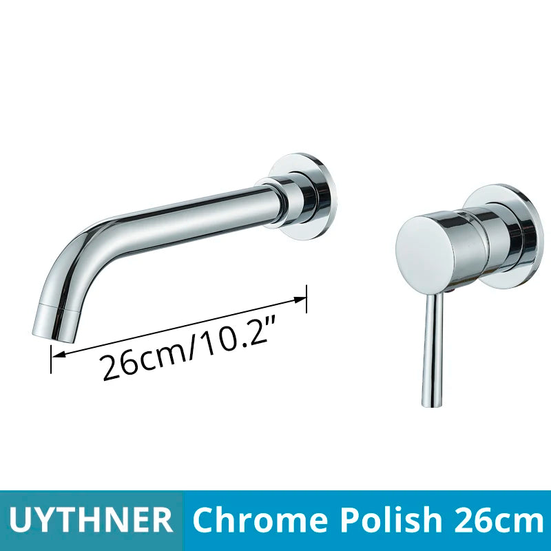 Chrome-finished basin faucet wall mounted bathroom with sleek curved spout and hot water control cylindrical handle
