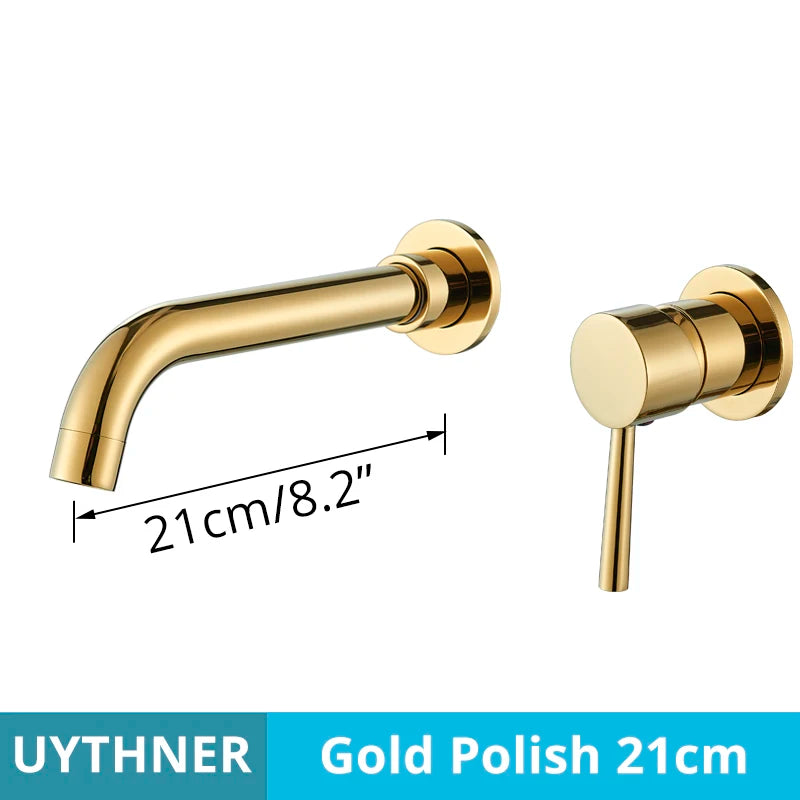 Gold polished basin faucet wall mounted bathroom set with brushed brass finish and hot water control 21cm length