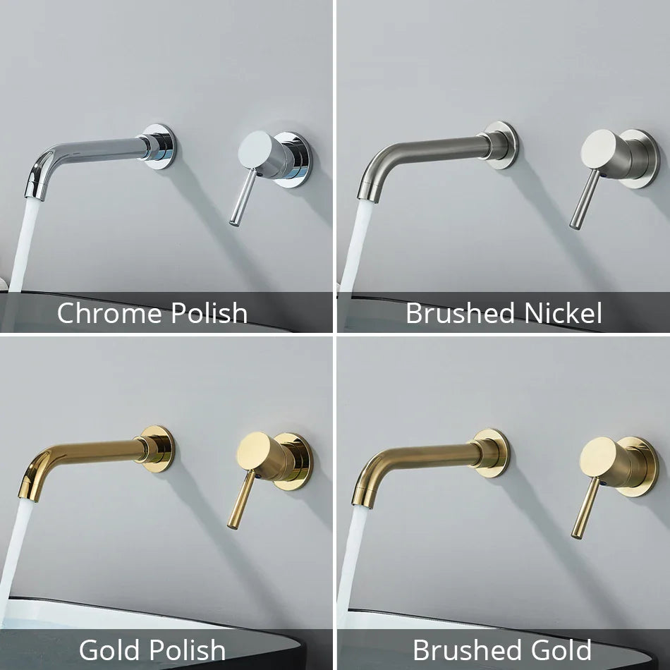 Modern wall mounted basin faucet available in chrome polish brushed nickel gold polish and brushed brass finish with hot water control