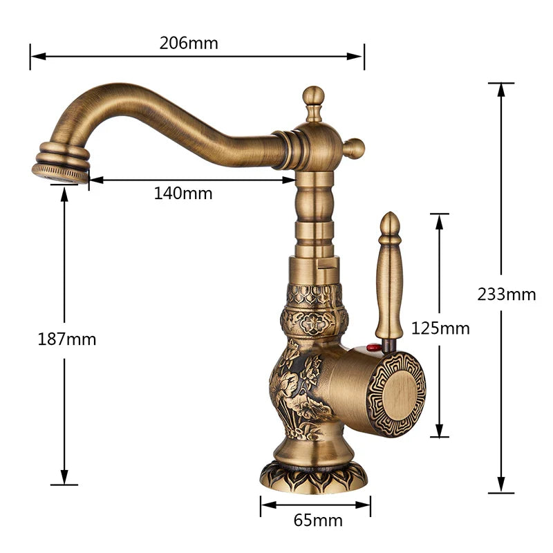 Antique brass single handle basin faucet with ornate floral and geometric embossing for single hole installation