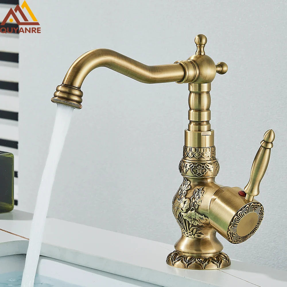 Antique brass basin faucet with ornate engraving single hole design curved spout and separate hot cold handles