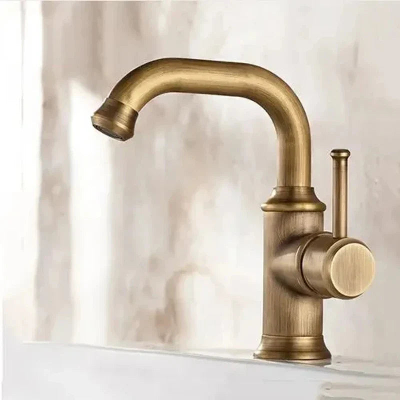 Antique brass finish single hole basin faucet with curved spout cylindrical base and cold water housing material