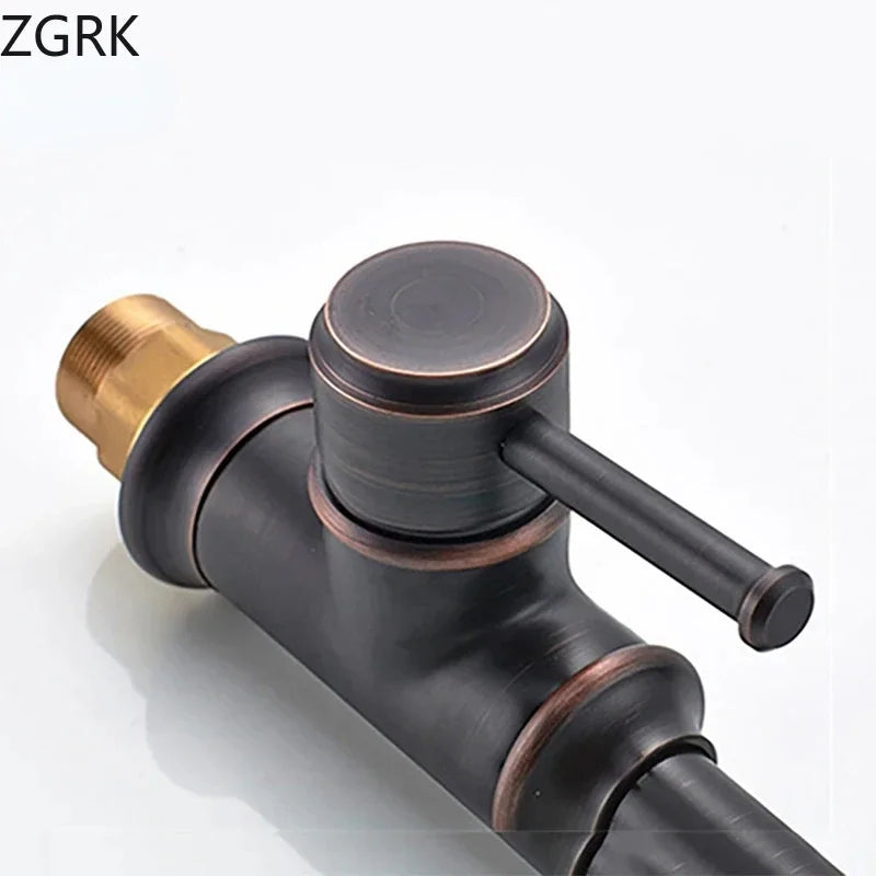 Bronze finished single hole basin faucet with sleek modern design and brass threaded connection for cold water housing material
