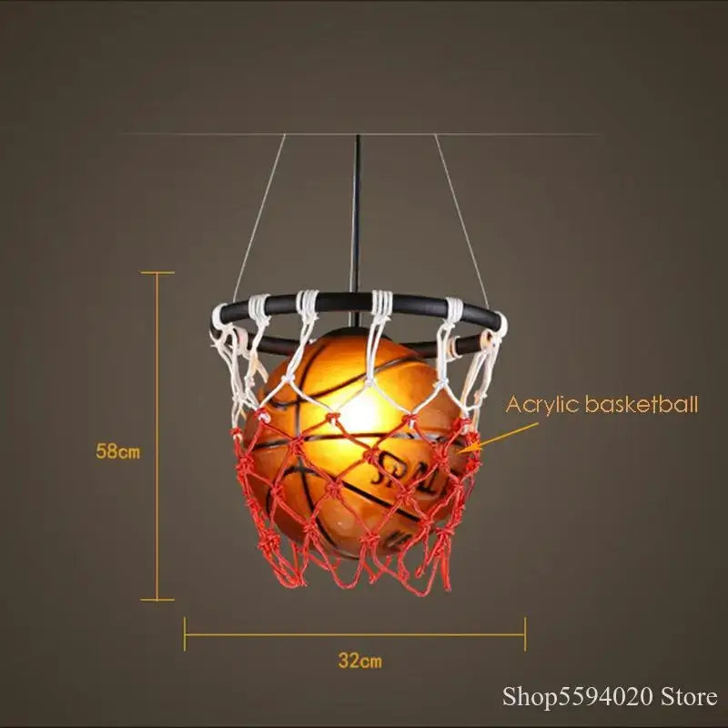 Basketball pendant lights featuring a glowing orange acrylic basketball with red and white netting for bedroom decorbites pendant lights
