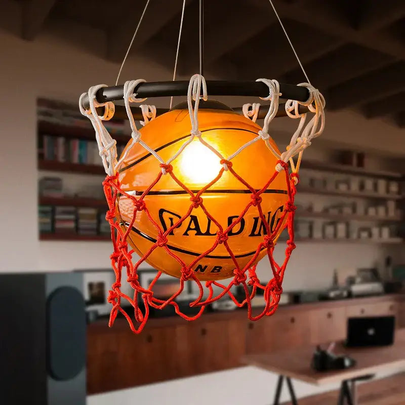Orange spalding nba basketball style pendant light suspended in red and white net basketball style pendant for kids bedroom decorbites