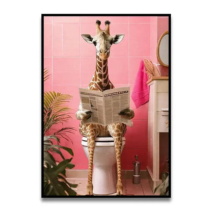 A framed DecorBites bathroom wall art print of a giraffe with brown cream spots reading a newspaper on a white toilet