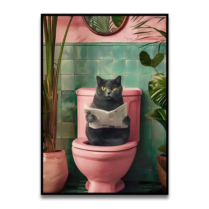 Decorbites bathroom cat canvas wall art print featuring a gray cat with yellow eyes on a pink toilet reading newspaper