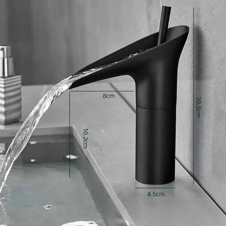 Black matte finish deck mounted bathroom faucet with sleek waterfall design and metered valve control