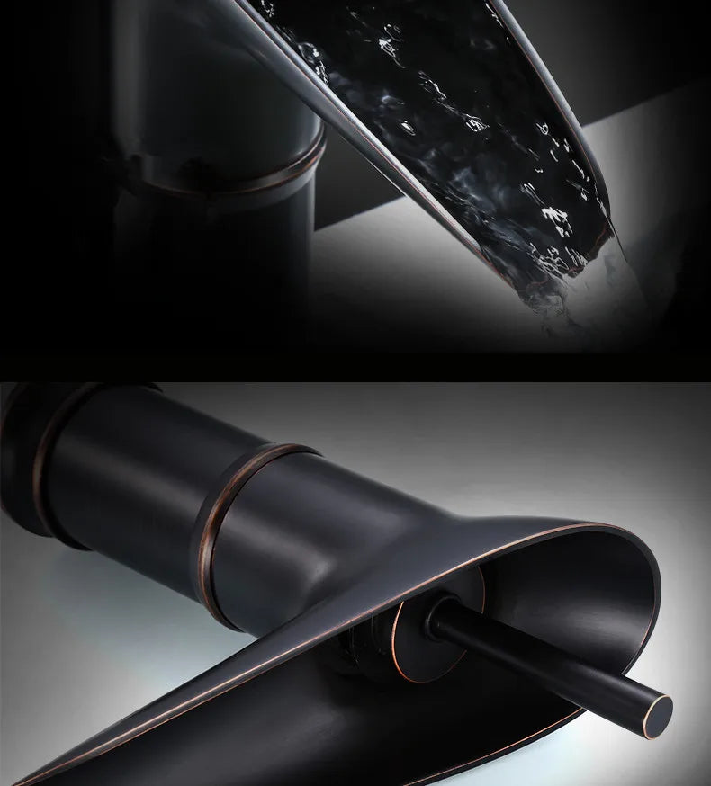 Black matte waterfall faucet with copper accents deck mounted featuring antique brass finish and metered valve control