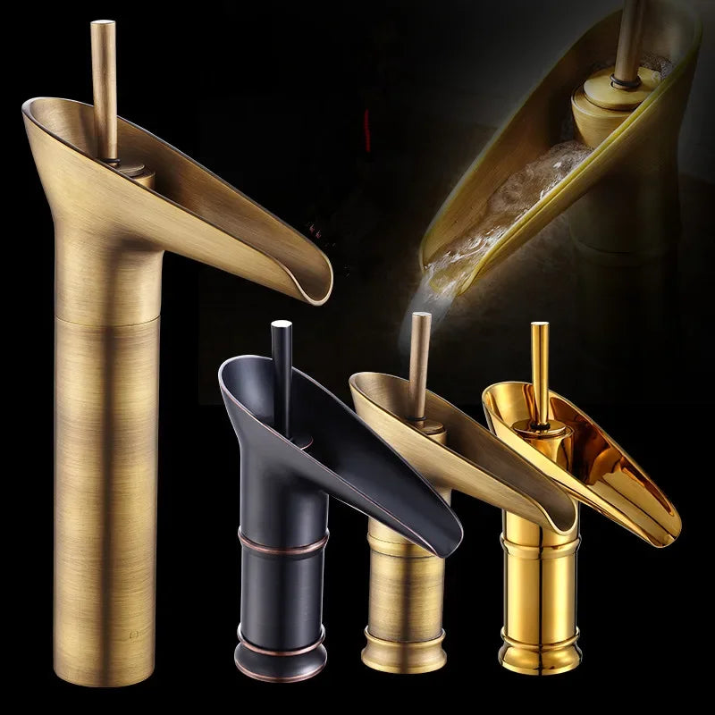 Brass and black matte finish bathroom faucet antique brass waterfall with deck mounted metered valve control design