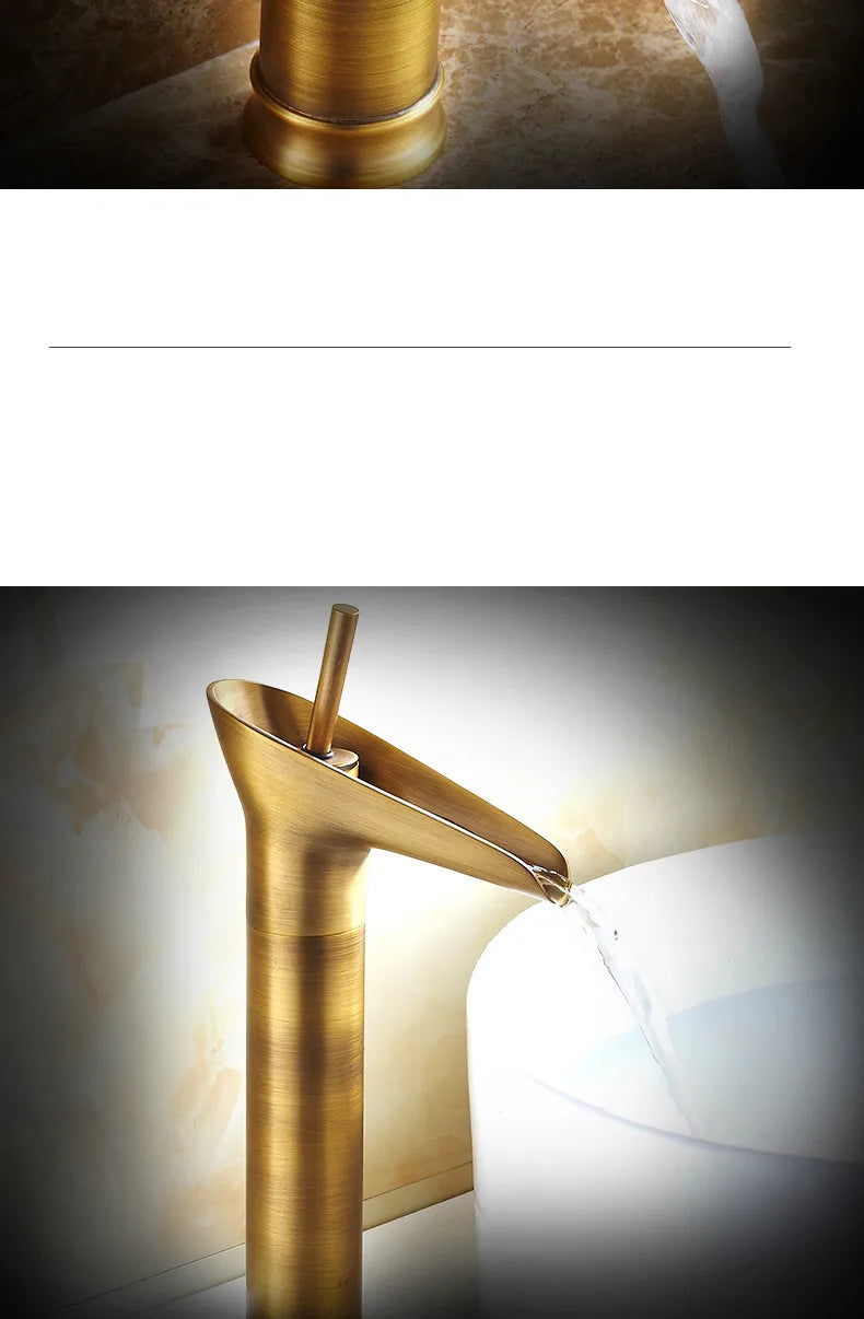 Bathroom faucet antique brass waterfall deck mounted with sleek gold-toned brushed finish and metered valve control