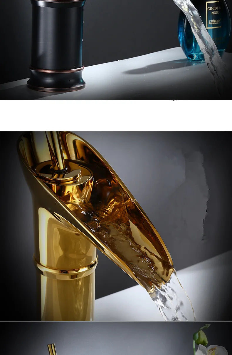 Bathroom faucet antique brass waterfall with deck mounted metered valve control and polished golden finish