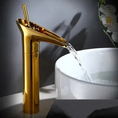 Golden sleek modern bathroom faucet antique brass waterfall with deck mounted metered valve control and high arc spout