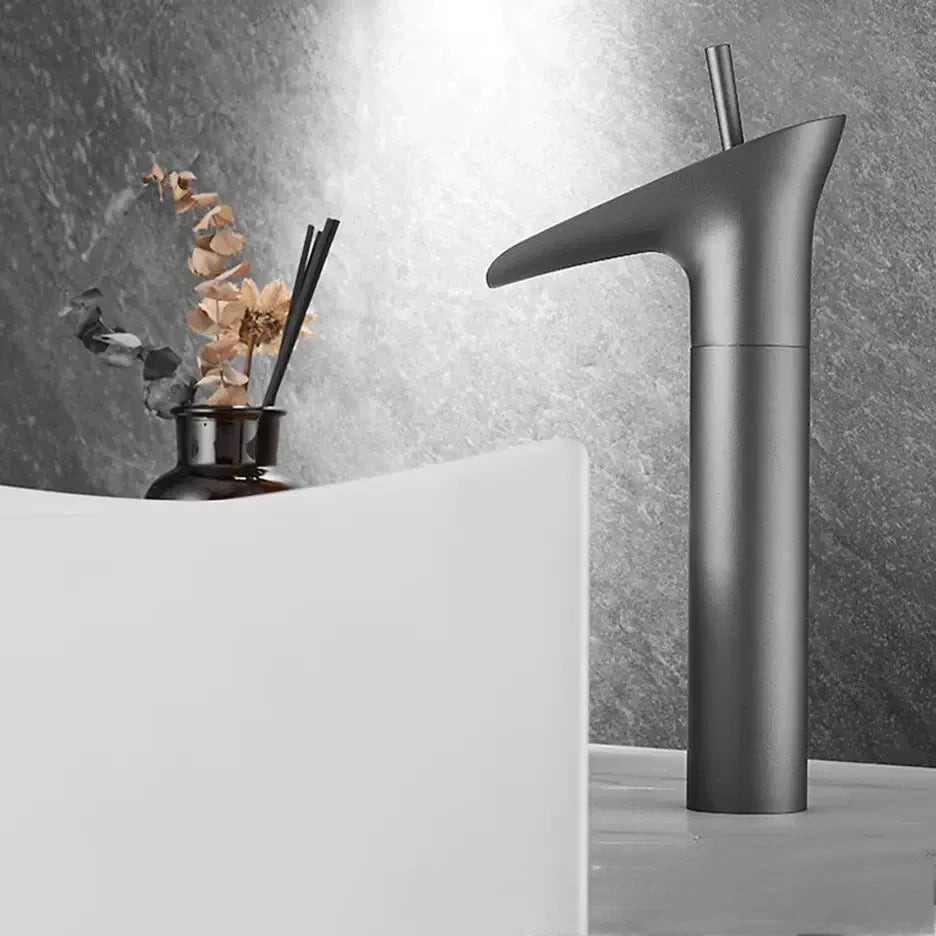 Modern matte black bathroom faucet with sleek minimalist design deck mounted featuring metered valve control